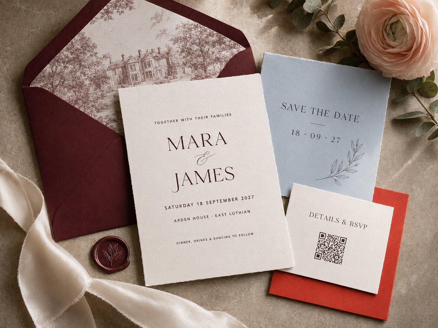 Bespoke wedding stationery concept with a printed invitation for a fictional couple, save the date, details and RSVP card, QR cue, lined envelope, ribbon and floral styling