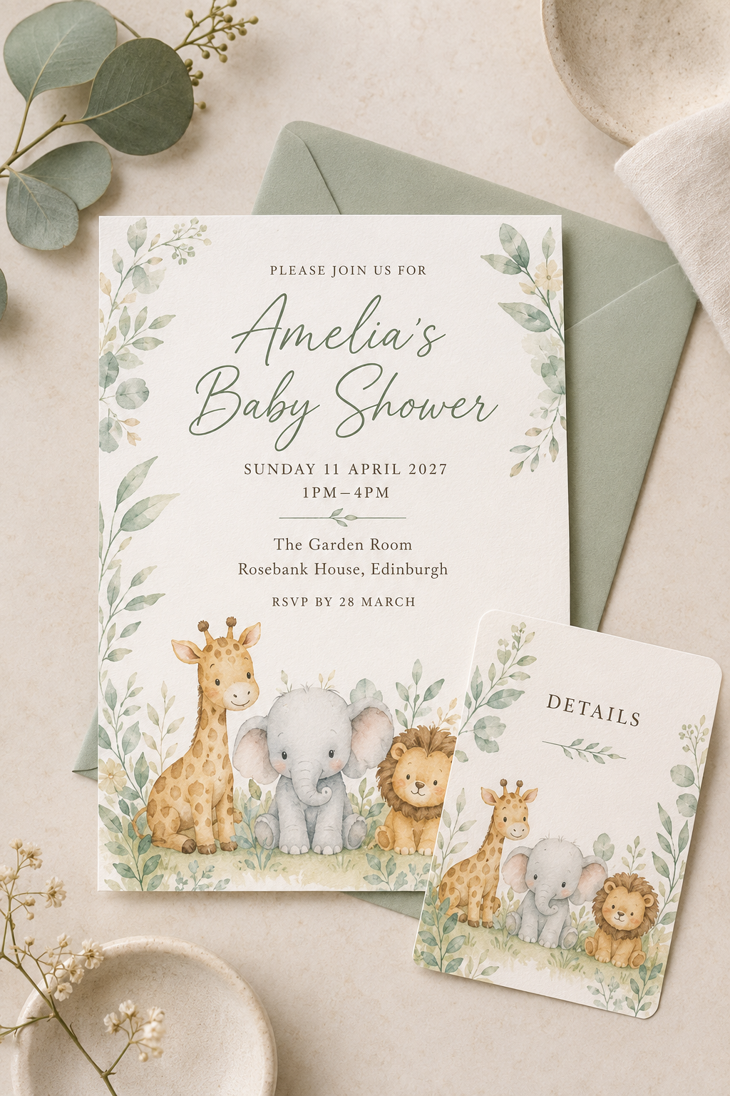 Amelia baby shower invitation example with watercolour animals, foliage and matching details card