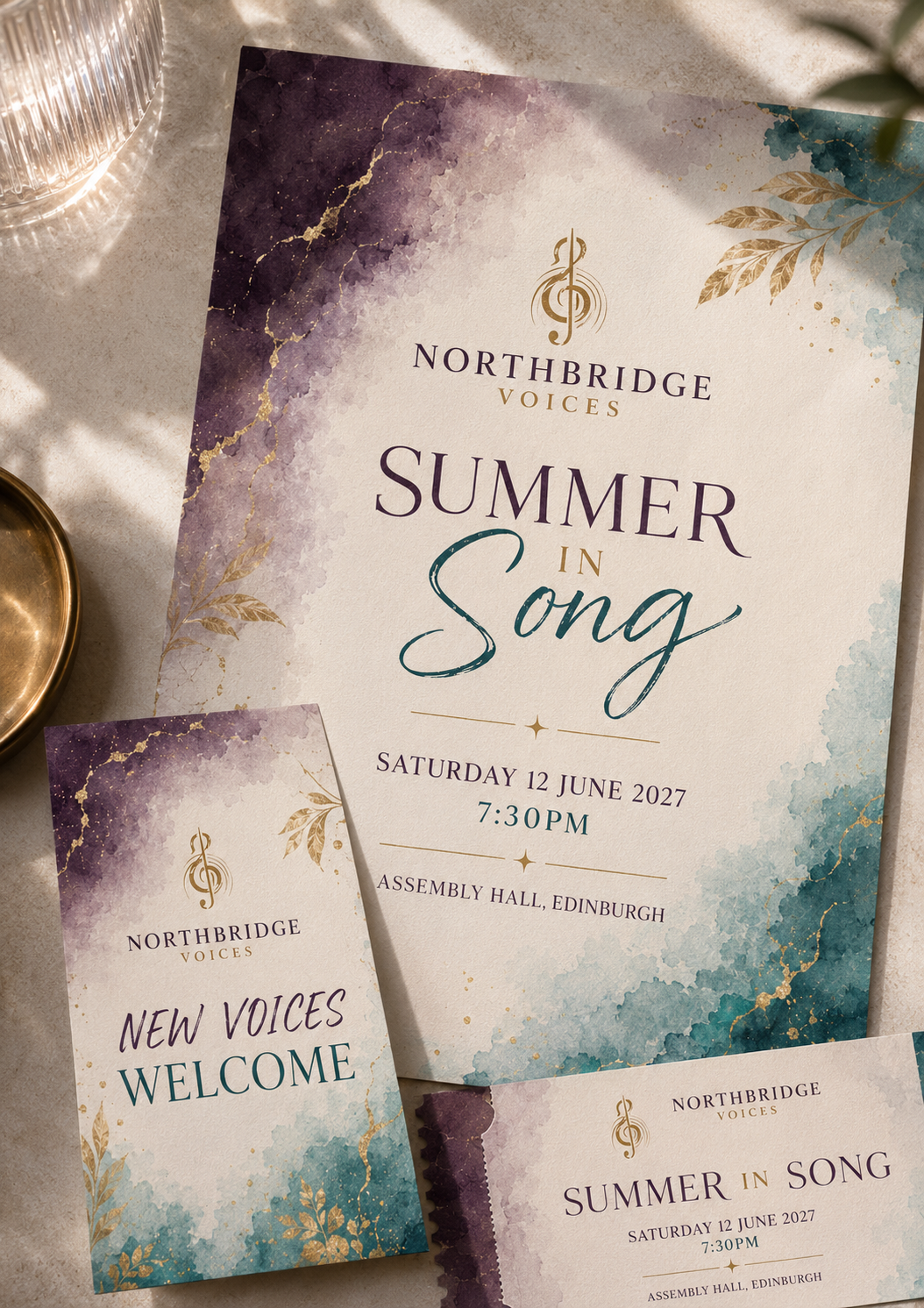 Northbridge Voices promotional example with concert poster, programme and recruitment flyer