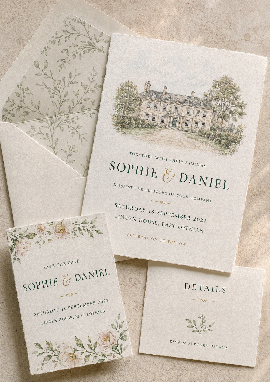 Sophie and Daniel wedding stationery example with country-house illustration, invitation, save the date and details card