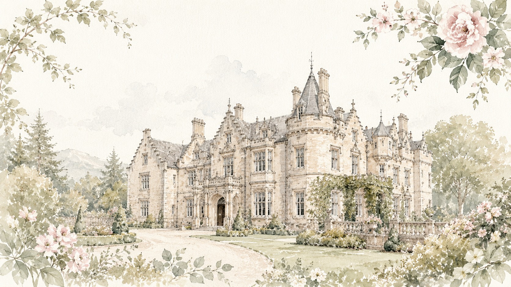 Watercolour illustration of a fictional country-house wedding venue